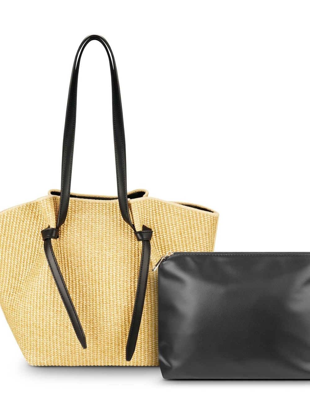 Straw Tote Bag with Black Leather Pouch - Natural/Black
